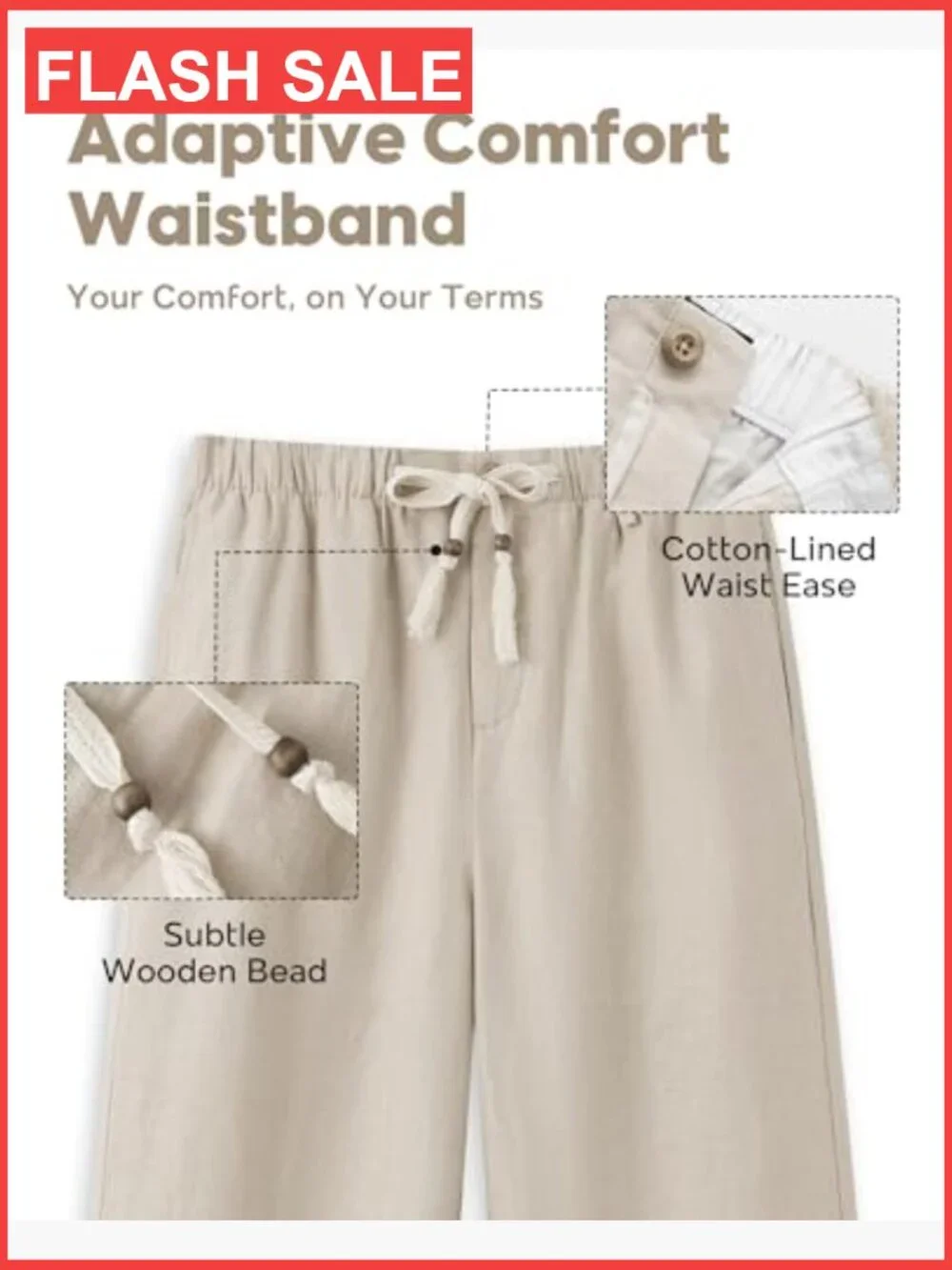 100% Linen Pants with Built-in Liner Loose Fit Beach Pants Elastic Waistband